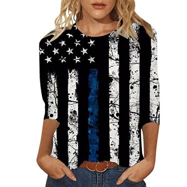 Imagem de Camiseta feminina 4th of July Dia da Independência Bandeira Americana Top Patriótico Star Stripes Gráfico Manga Curta Túnica Gola Redonda, Preto, G