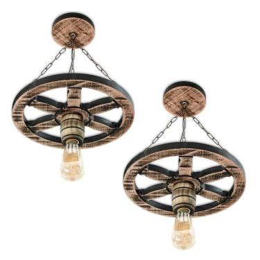 Imagem de Kit 2 Pendentes Luminária Roda De Carroça Colonial Rústica