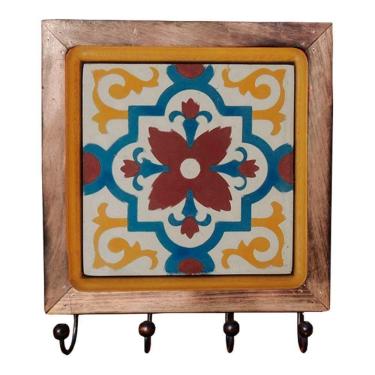 Imagem de Cabideiro Em Madeira Com Ladrilho Hidráulico Porta Chaves Roupas Bolsas Ladrilho A1