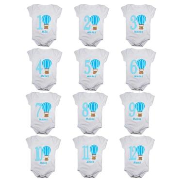 Imagem de Kit 12 Body Bebê Calupa Mesversario Manga Curta Balões 1 A 12 Meses Masculino-Masculino