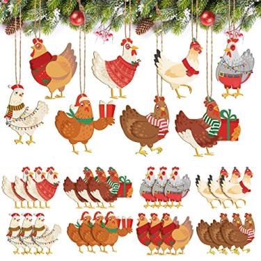 Imagem de Conjunto de 24 peças de enfeite de galinha de natal cachecol de natal de madeira pingente de galinha ornamentos decorativos pendurados ornamentos de animais de fazenda decoração de casa de madeira para festival de árvore de natal ao ar livre decoração de festa
