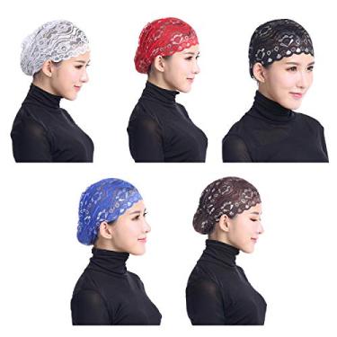 Imagem de Vpang Pacote com 5 bonés femininos muçulmanos internos hijab capa de cabeça de renda brilhante gorro elástico chapéu turbante touca quimioterapia capa para cabeça (conjunto 2)