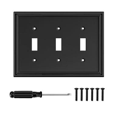 Imagem de Placa decorativa moderna preta para interruptor de luz decorativa capas de saída para interruptor basculante placas de fibra de bambu placas de parede para cozinha banheiro (3 interruptores triplos - 1 pacote)