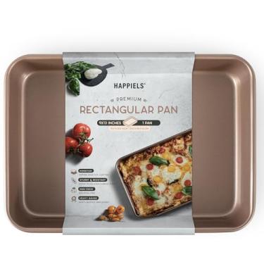 Imagem de HAPPIELS Assadeira antiaderente não tóxica de 23 x 33 cm para forno | Forma de bolo 23 x 13 antiaderente, atóxica | Formas de brownies douradas de aço carbono 33 x 23 cm | Bandeja retangular para