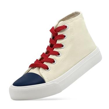 Imagem de xinlanlin Tênis infantil para meninas, meninos, cano alto, cadarço de lona, moderno, confortável, clássico, casual, tênis de corrida, Bege azul, 31-31.5