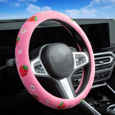 Imagem de Margaridas bordadas morango bonito capa de volante rosa, protetor de volante respirável antiderrapante automático, acessórios de carro floral morango para mulheres, tamanho universal para a maioria