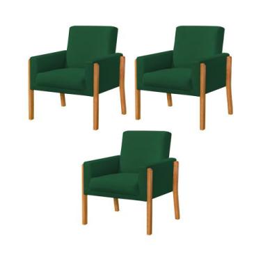 Imagem de Kit 3 Poltronas Sala de Espera Pés em Madeira Santorini  Veludo Verde 