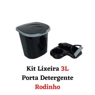Imagem de Kit Lixeira 3L Porta Detergente raso de Pia e Rodinho Puxador Fino - n