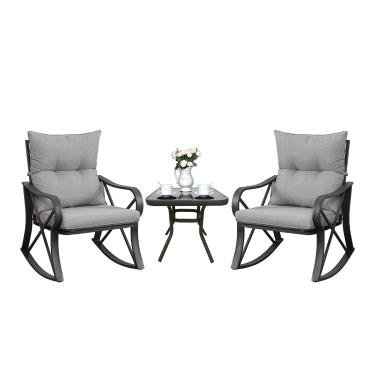 Imagem de COSIEST Conjunto de 3 peças de cadeiras de balanço para pátio, móveis de exterior com almofadas cinzas quentes, mesa de vidro para jardim, piscina, quintal