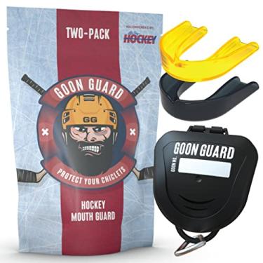 Imagem de GAME ON Goon Guard Hockey Mouth Guard Strapless - Protetor Bucal de Hóquei para Jovens E Aparelhos: 2X A Absorção de Impacto, Estojo Incluído (Puck Preto E Ouro Amarelo)