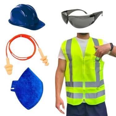 Imagem de Kit Obra Capacete de Proteção Óculos Croma Colete Refletivo Protetor Auricular Máscara PFF2 EPI (Azul, XG)
