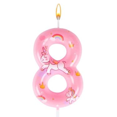Imagem de Unicórnio rosa 8 velas, número 8, velas de aniversário, topo de bolo numeral, decorações de aniversário fofas para meninas, artigos de festa, aniversário, lembrancinhas temáticas