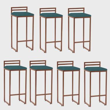 Imagem de Kit 07 Banqueta Alta Com Encosto Petra Balcão Bar Cozinha Bistrô Ferro Bronze Suede Azul Turquesa - Ahz Móveis