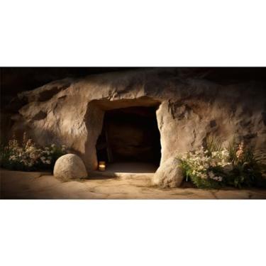 Imagem de DORCEV Pano de fundo vazio túmulo 4,6 x 2,4 m Jesus Cristo crucifixo buraco de pedra fotografia fundo luz sagrada páscoa cenário pôr do sol Lord Pray Church Missionary Eventos Banner Decorações