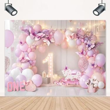 Imagem de LIGHTINHOME Pano de fundo de menina 1º aniversário 20 x 15 cm de altura para balões de princesa roxo rosa luzes borboleta primeiro aniversário fotografia fundo decorações cabine foto estúdio adereço