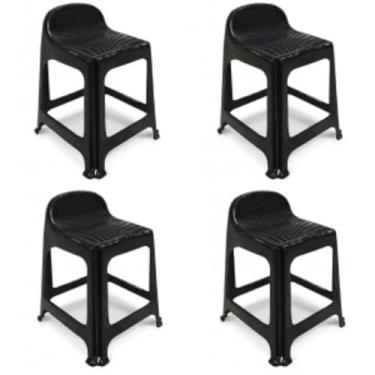 Imagem de Kit 4 Banquetas de Plástico Banquinho Com Encosto Preto Empilhável