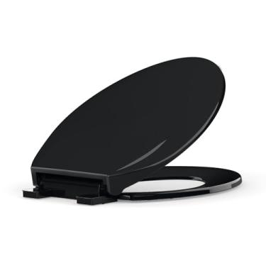 Imagem de Assento de vaso sanitário alongado, assento de vaso sanitário de fechamento macio, tampa de vaso sanitário preta, fechamento suave, fácil instalação e liberação, material PP seguro fácil de limpar