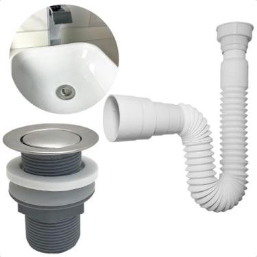Imagem de Dona D.cor, Kit Sifão Flexível Sanfonado De Plástico E Ralo De Pia 1 1/4 Cuba Banheiro Válvula 40mm Lavatório
