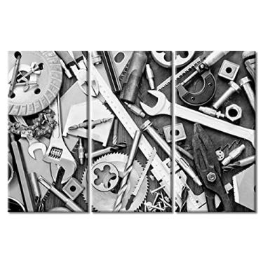 Imagem de TUMOVO 3 painéis, decoração de escritório, engrenagens, porcas, parafusos e chaves, imagens de arte de parede para sala de estar, ferramentas de faz-tudo, pôsteres e impressões de arte de parede preto