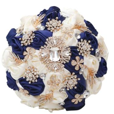 Imagem de Gkvszy Buquê de noiva feito à mão com broche de strass dourado de luxo para noiva, dama de honra, quinze anos, cetim e rosa, buquê de casamento, azul marinho e marfim, 19 cm