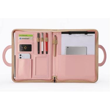 Imagem de A4 Organizador De Portfólio De Negócios Pu Couro Zipado Conferee Pasta Com Zíper Alça Magnética Prancheta Notebook Para Entrevista, Brown, 8-digit calculator