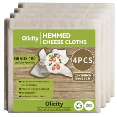 Imagem de Olicity Panos de queijo, 4 peças, grau 100, 50 x 50 cm, tecido de tecido de queijo com bainha reutilizável, coador de pano de malha fina, 100% algodão, gaze de musselina pré-cortada cru para coar,