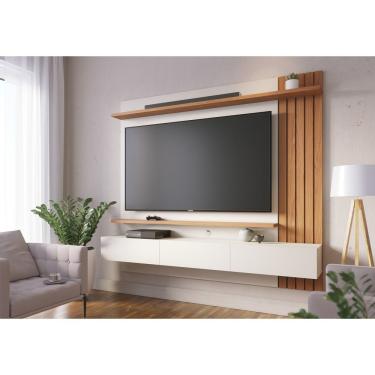 Imagem de Painel Para Tv Até 70" 3 Portas Basculantes 2 Prateleiras Juriti Colibri Off White Matte/Freijó