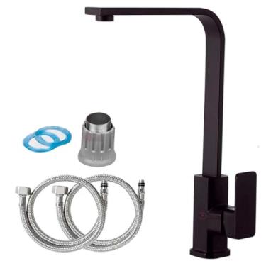 Imagem de Kit Completo Torneira Banheiro Cozinha Premium Luxo Gourmet Misturador Monocomando Alta Preta 1/4 De Volta De Aço Inox 304 Para Bancada Mesa Cuba e Pia - Slim Agua Quente e Frio