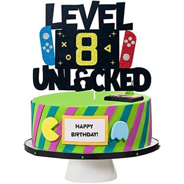 Imagem de Topo de bolo Level 8 Desbloqueado para videogame – Nível 8 Desbloqueado Incrível 2013 Topo de bolo de aniversário para meninos – Decorações de bolo de 8 anos de videogame