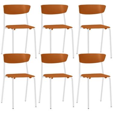 Imagem de Kit 06 Cadeiras Empilhável Fixa Atom F02 Base Aço Branco Laranja - Lyam Decor