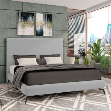 Imagem de Conjunto Cabeceira E Base Para Colchão Casal Bezos Com Pés Em Alumínio Veludo Cinza G91 - Gran Belo