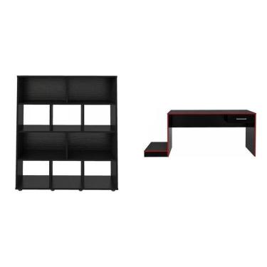 Imagem de Kit 2 Peças Com Mesa Gamer Com Gaveta E Estante Para Livros 10 Nichos Preto vermelho