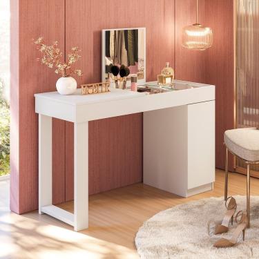 Imagem de Escrivaninha Penteadeira Camarim Mesa De Maquiagem Com Espelho Love Branco Fosco - Mabe Magazine