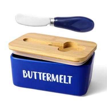 Imagem de ButterMelt Manteigueira Com Tampa, Pratos Grandes Para Bancada, Suporte De Cerâmica, Faca Aço Inoxidável 304, Recipiente Alimentos Cozinha 6,3 X 3,5 2,7 Polegadas, Azul