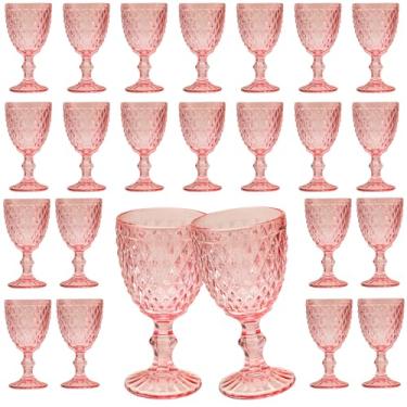 Imagem de 24 peças de taças de vinho vintage, taças de água de vidro colorido de 283,5 g, padrão exclusivo em relevo com haste alta transparente, copos de vidro para bar de festa de casamento, copos rosa
