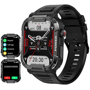 Imagem de Loluka Relógio inteligente militar para atender chamadas, frequência cardíaca, tela HD de 4,7 cm, relógio masculino para telefones Android iOS, pedômetro tático, IP68, à prova d'água, relógio fitness