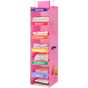 Imagem de Fivebop Organizador semanal de roupas para crianças com 6 prateleiras, organizador de armário diário com 6 bolsos laterais, divisória de roupas para meninos e meninas (rosa)