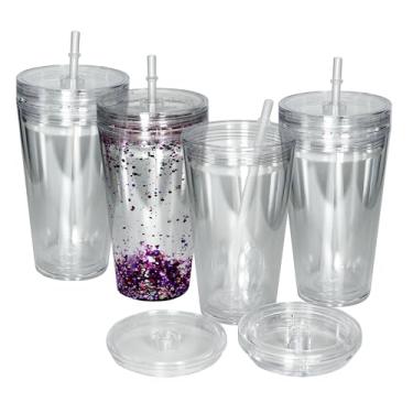 Imagem de sweet grain Copos de globo de neve (pacote com 4) - Copos de acrílico de parede dupla de 473 ml para copos de globo de neve com orifício pré-perfurado, tampas, canudos e rolha de furo, copo