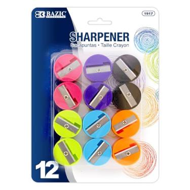 Imagem de Apontador de lápis redondo BAZIC, orifício único, lápis de giz de cera padrão, estudante artista infantil (pacote com 12), Assorted Colors (12-count), 1-Pack