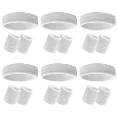 Imagem de Conjunto de 18 pulseiras brancas de moletom, inclui 6 faixas esportivas elásticas, 12 pulseiras esportivas de algodão, academia, academia atlética dos anos 80 para mulheres, homens, festa de ginástica