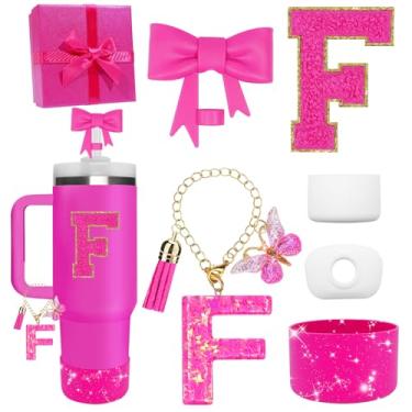 Imagem de Miglaja Acessórios pretos para copos Stanley 850.5 g 1,134.0 g, todos os acessórios caixa de presente contêm topo de palha de flor, bota de silicone, adesivos de letras e pingentes, conjunto de tampa