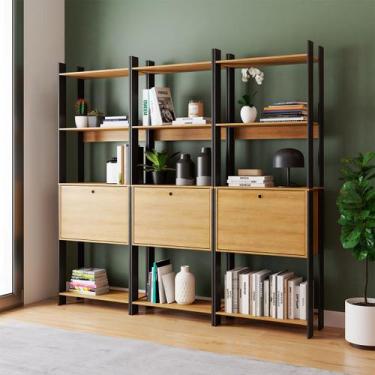 Imagem de Estante para Livros Barcelos 3 Portas 9 Prateleiras Mel/Preto - Pnr Mó