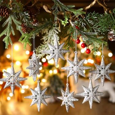 Imagem de Civaner 24 peças de enfeite de estrela de Belém para árvore de Natal 8 pontos prata glitter estrela ornamentos 3D oco prata glitter estrelas pingente pendurado para decoração de festa de Natal