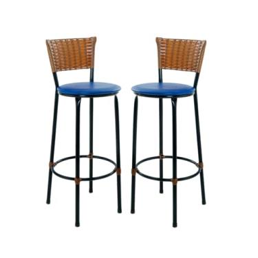 Imagem de Kit 2 Banquetas Cadeiras Altas Bistrô Encosto em Junco Imbuia Para Bancadas, Cozinhas e Áreas externas (AZUL)