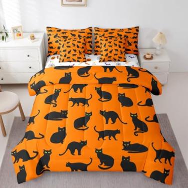 Imagem de Erosebridal Jogo de cama casal de gatos fofos, 7 peças, cama de gato preto de Halloween, conjunto de cama kawaii, inclui edredom, conjunto de lençol, fronhas e fronhas, decoração de quarto de animais