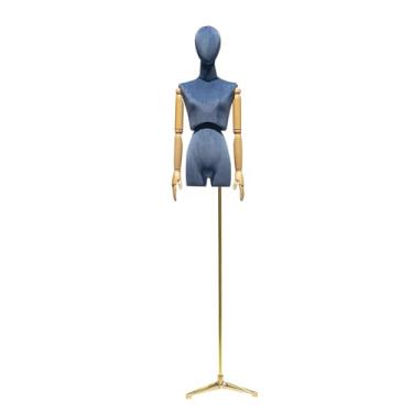 Imagem de Manequim feminino com suporte triangular, torso de veludo, braço giratório removível de madeira maciça, base de metal, capaz de posar(Blue Gold)