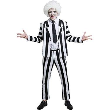 Imagem de miccostumes Calça blazer masculina preta branca e vertical listrada de terror com gravata, Preto/branco, M