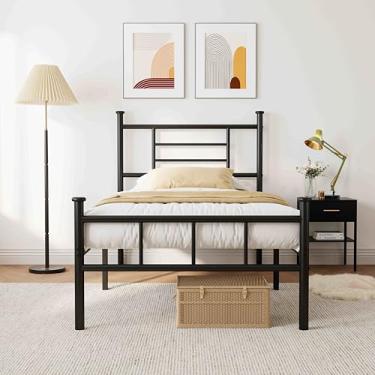Imagem de ZIYOO Estrutura de cama plataforma de metal de 45 cm com cabeceira/pé, suporte de ripas de metal forte, grande espaço de armazenamento, sem necessidade de mola box, sem ruído, tamanho solteiro