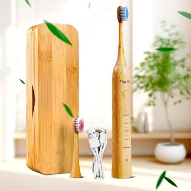 Imagem de MgcSto Escova de dentes elétrica sônica de bambu para adultos - 5 modos de limpeza ajustáveis - Inclui 2 cabeças de bambu com cerdas de óleo de rícino - IPX7 Waterprood atualizado - Estojo conveniente