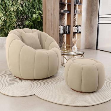 Imagem de Poltrona Decorativa Concha Giratória com Puff Estilo Abóbora Shell Veludo Bege - Desk Design